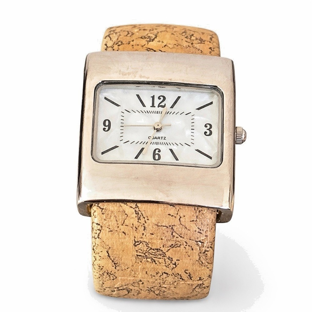 Rectangular Mother-of-Pearl Dial Quartz Cuff Watch Cork Bracelet Japan Movt